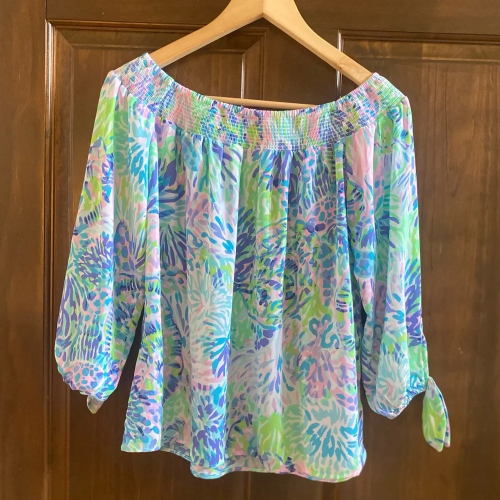 Lilly Pulitzer off the shoulder Maryellen top Shell of a party blouse